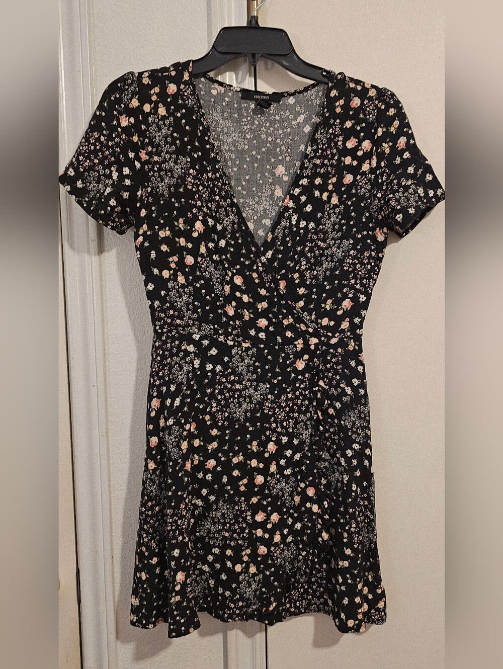 Forever 21 Black Floral Wrap-Style Mini Dress with Blush Accents